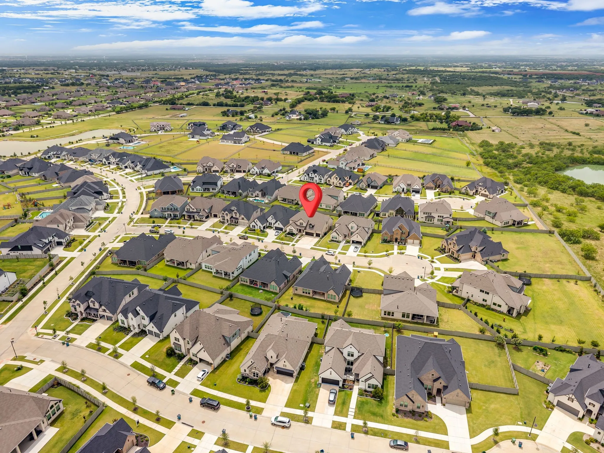 Aerial perspective showcasing a residential community with varied architectural styles