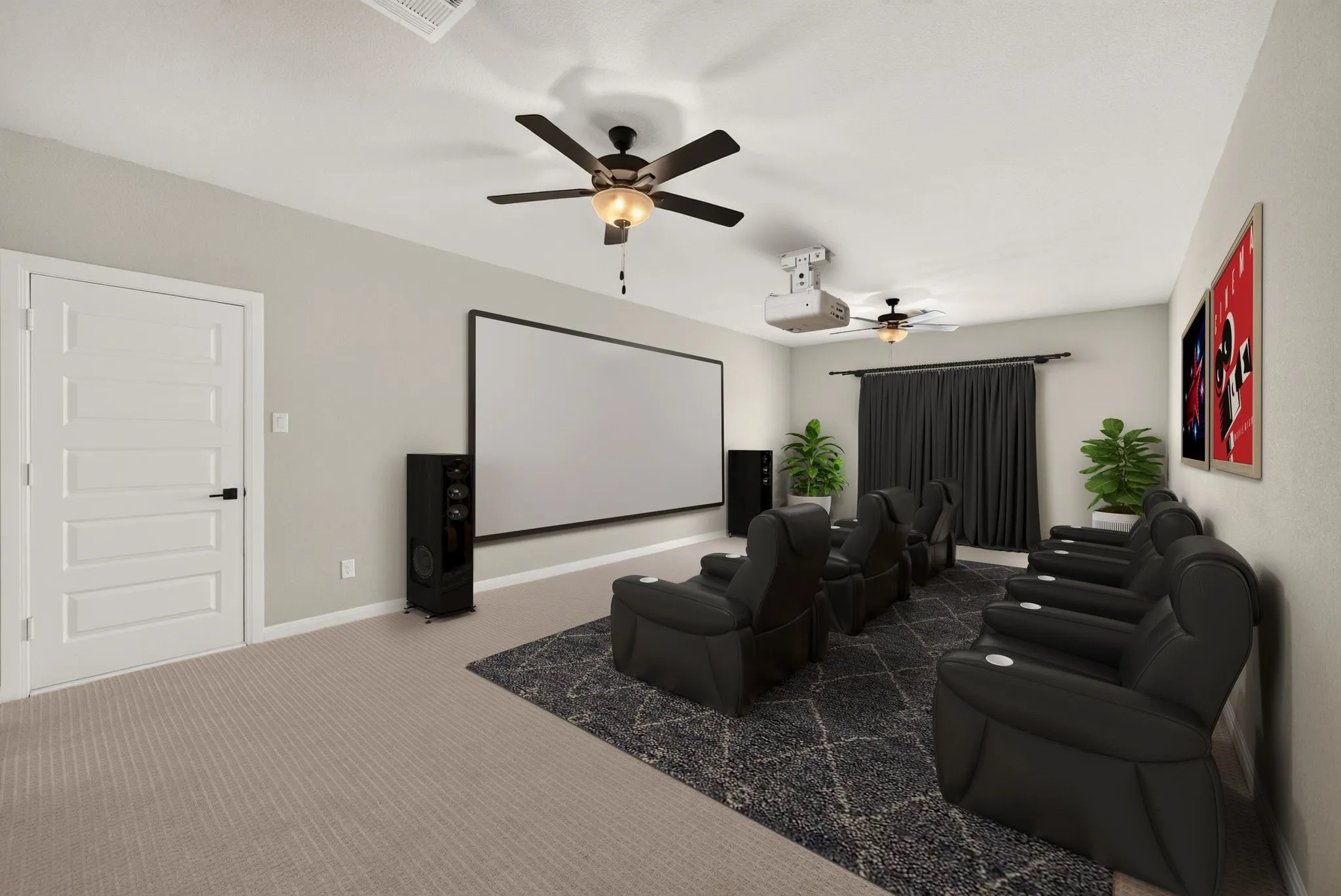 Dedicated entertainment room featuring a large projection screen, wall-mounted projector, and two ceiling fans with integrated lighting