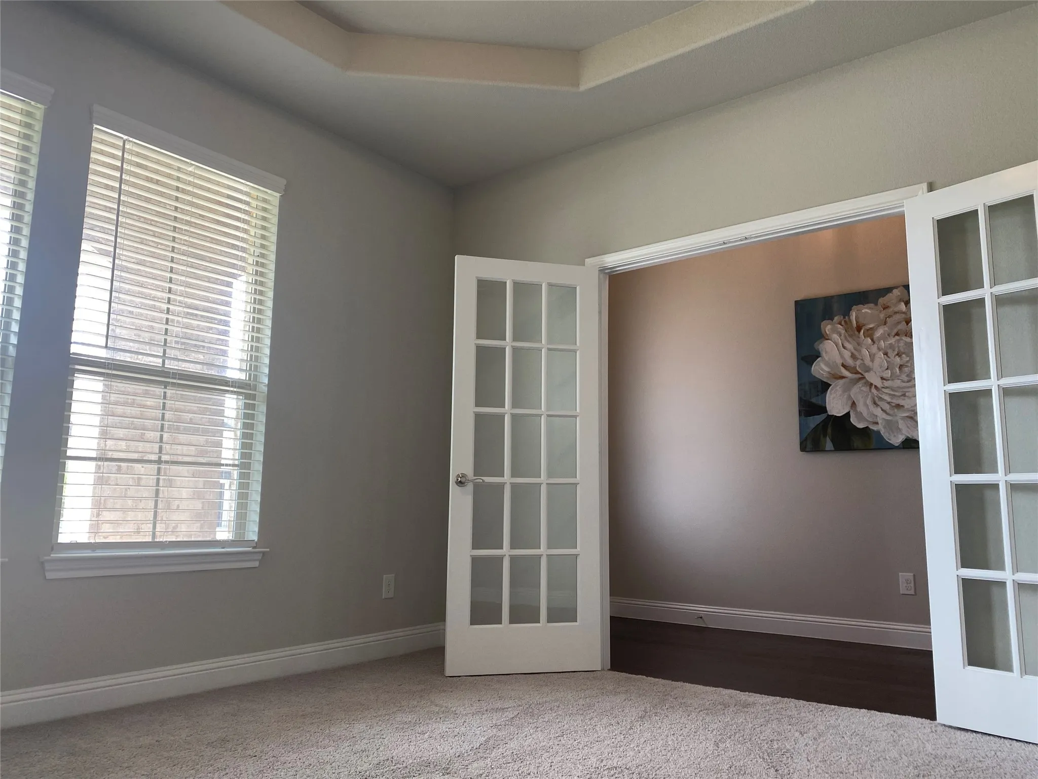 Carpeted spare room featuring a raised ceiling and french doors