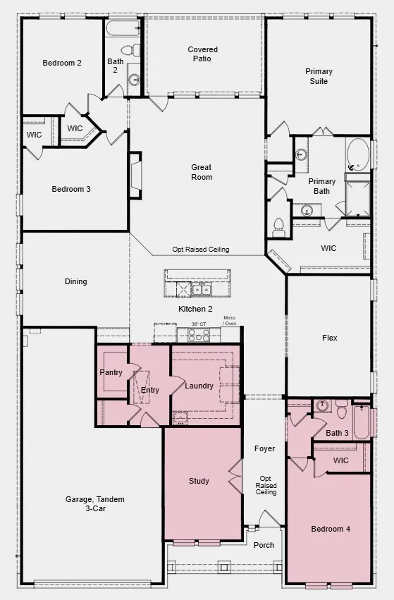 Additional Highlights Include: Bedroom in place of study, full bathroom in place of powder room, study in place of formal dining, raised ceiling at foyer, great room, and kitchen, bench at owner's entry, and gourmet kitchen.