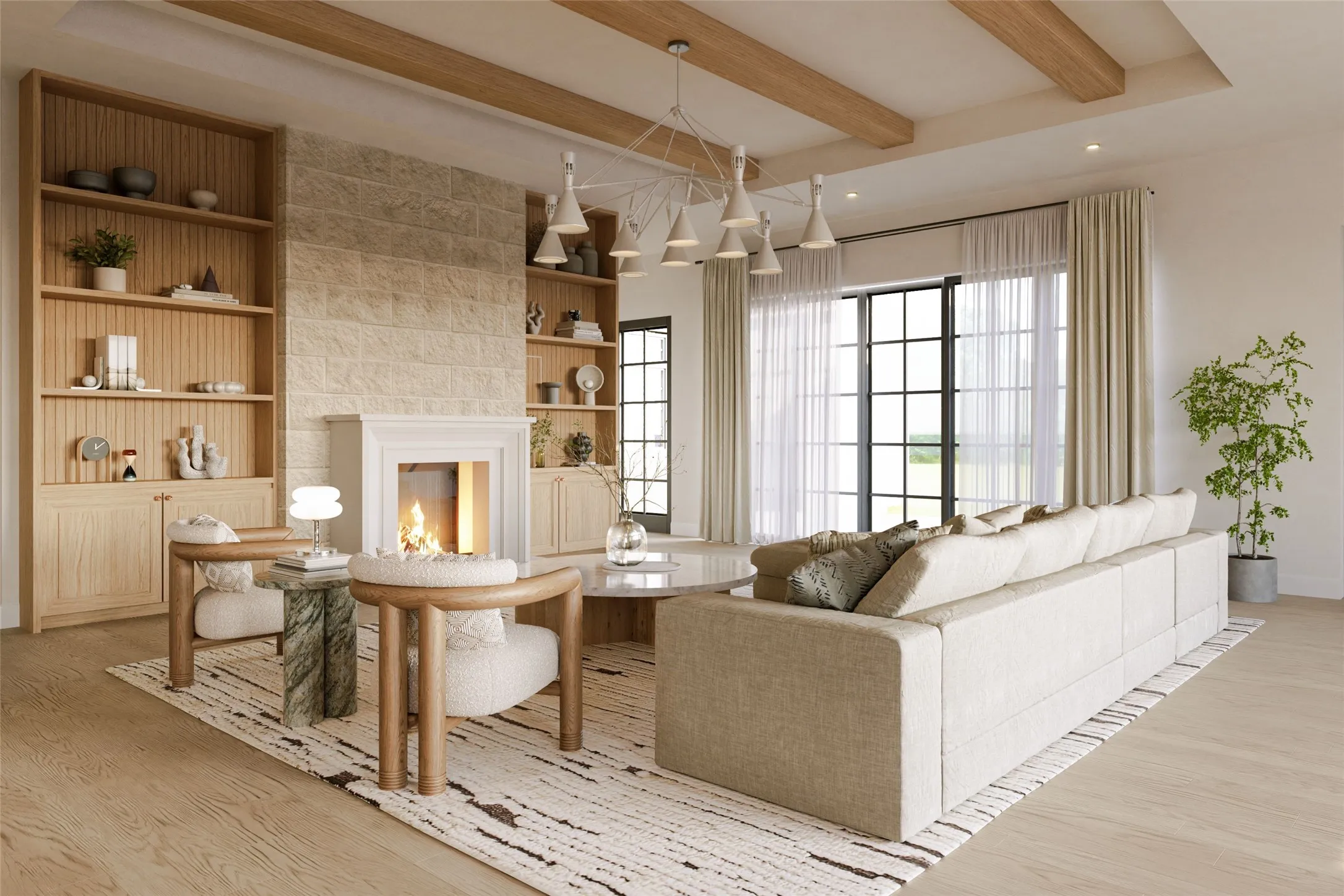 Vaulted living room with exposed wood beams, a floor-to-ceiling stone fireplace, and steel-frame windows
