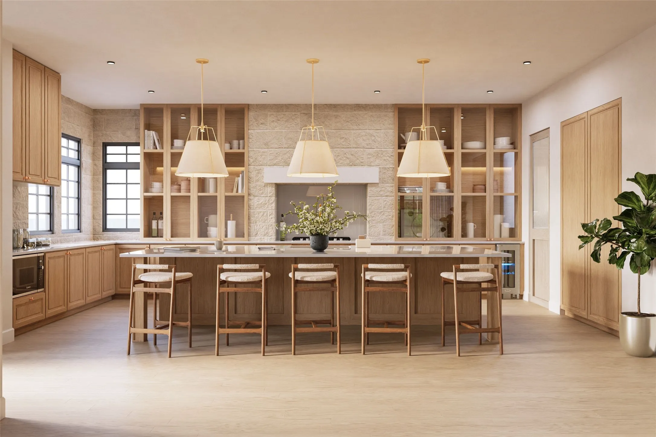 Chef's kitchen with an oversized granite island, custom wood cabinetry, walk-in pantry, and pendant lighting