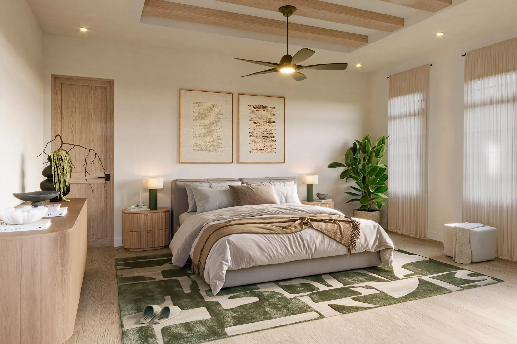 Main-level primary suite with a tray ceiling, ceiling fan, and private sitting area