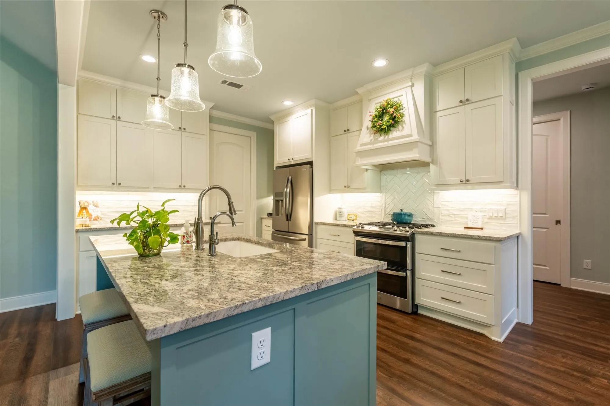 Lots of counter space and storage in this warm and beautiful place to entertain.