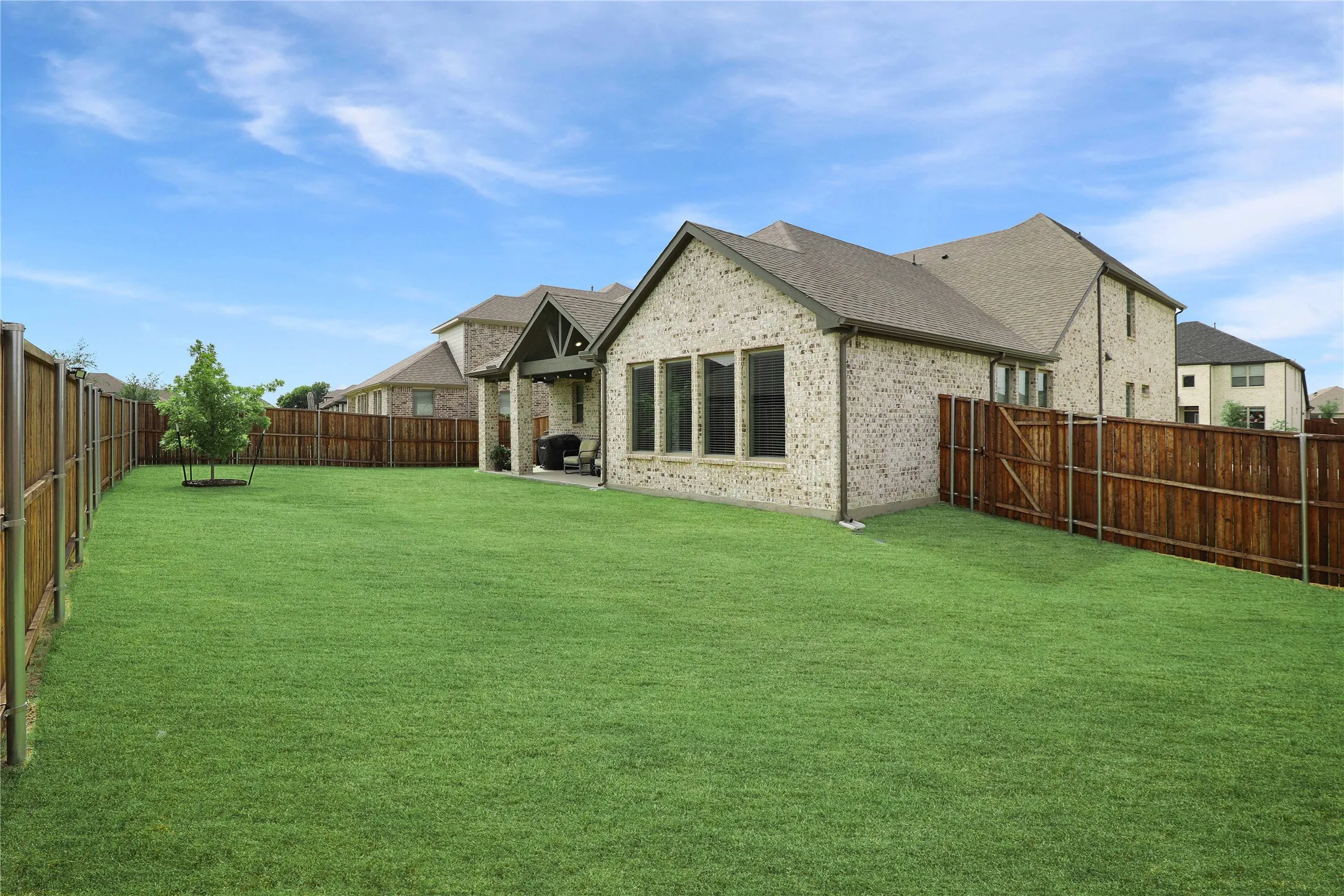 Expansive green lawn with a young tree, bordered by a privacy fence