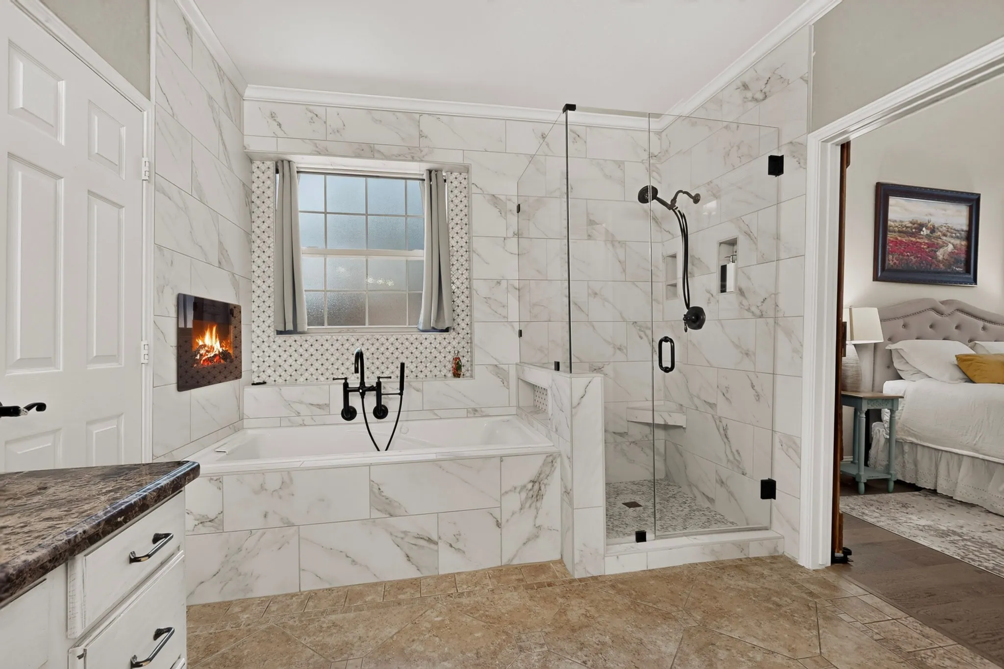 PRIMARY BATHROOM WITH DEEP SOAKING WHIRLPOOL BATHTUB, WALK IN SHOWER AND ELECTRIC WALL FIREPLACE HEATER