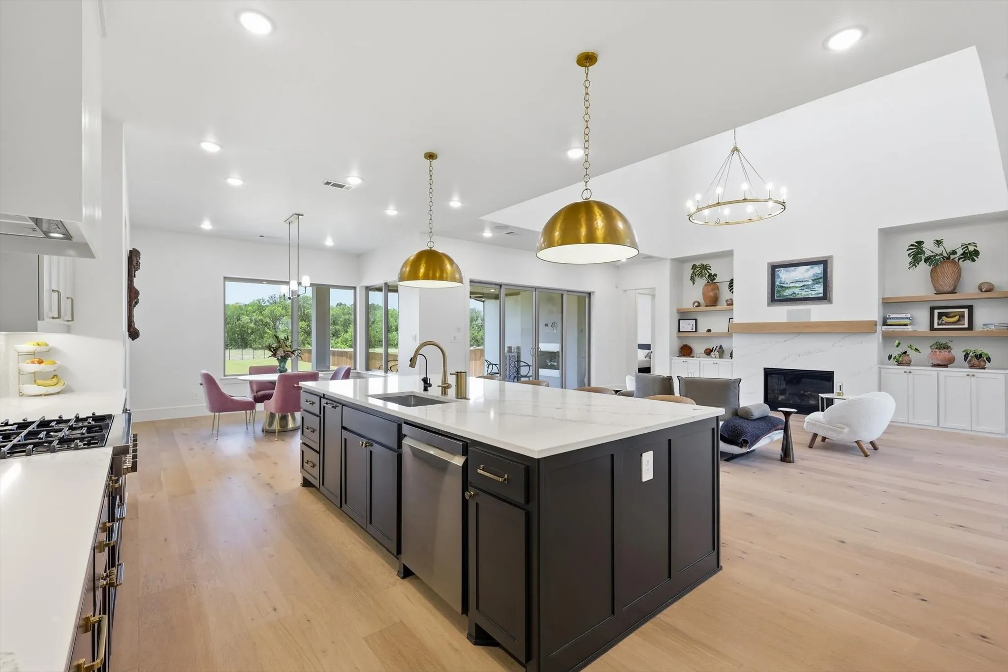 The spacious island has room for serving and seating.