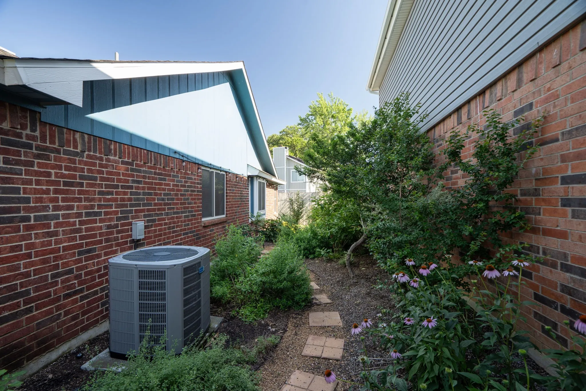 The garden walkway through the backyard...remember, lawncare (including bushes) is included in the rent.