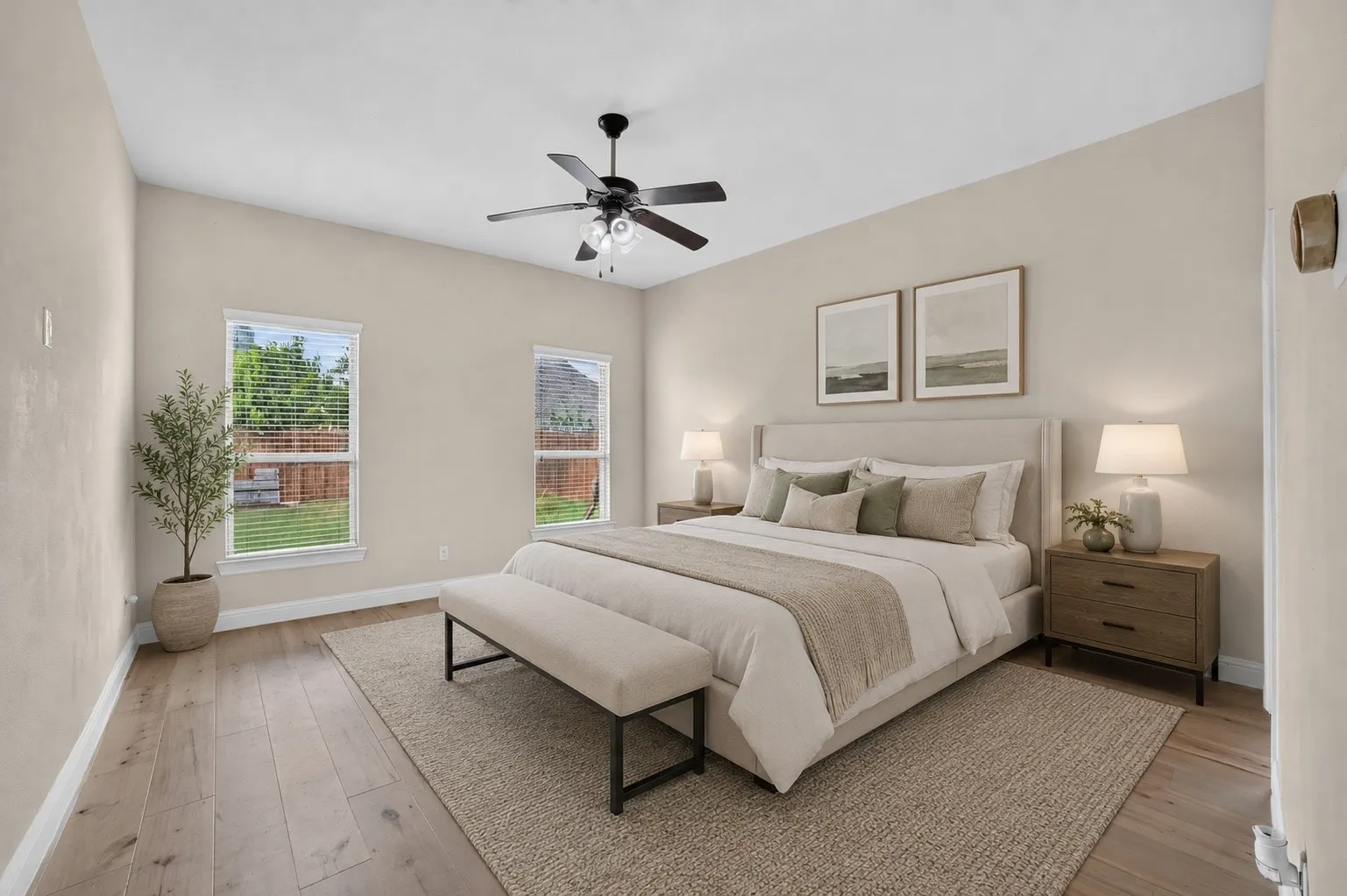 Spacious room featuring wood-finish flooring, light neutral walls, and a contemporary ceiling fan