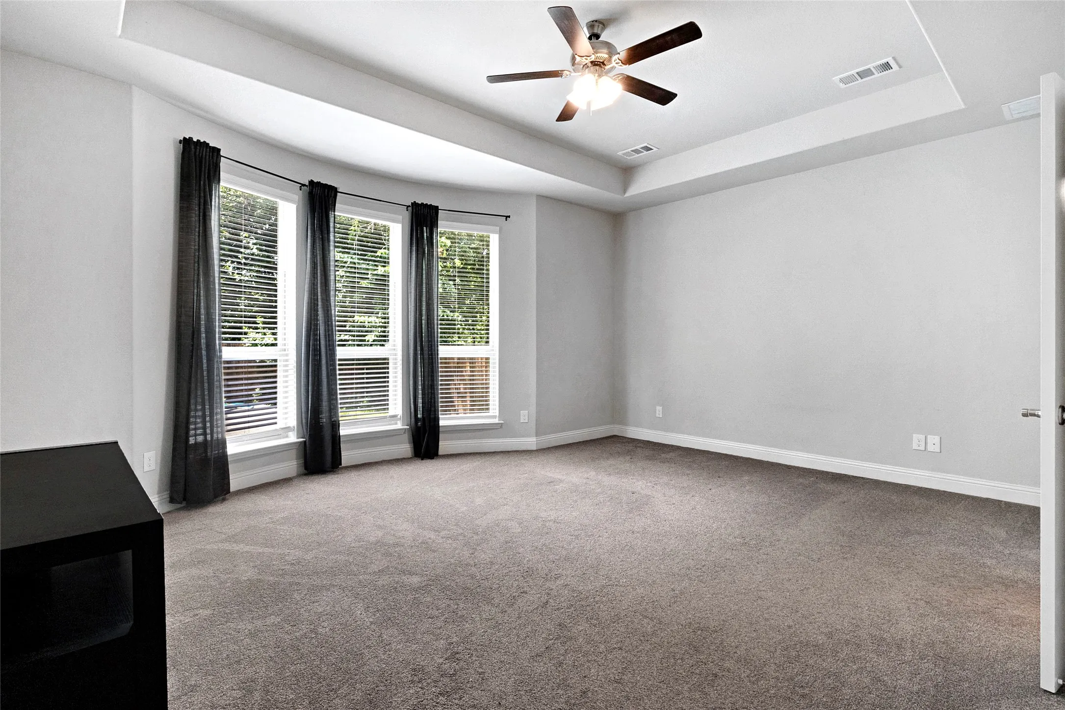 Spacious room featuring a tray ceiling with a ceiling fan, plush grey carpeting, and a curved wall of three windows with blinds and dark drapery