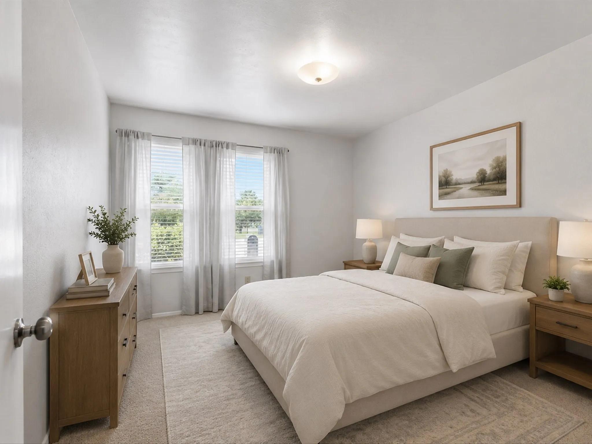 Virtually staged bedroom with three windows featuring light-filtering blinds and sheer drapes