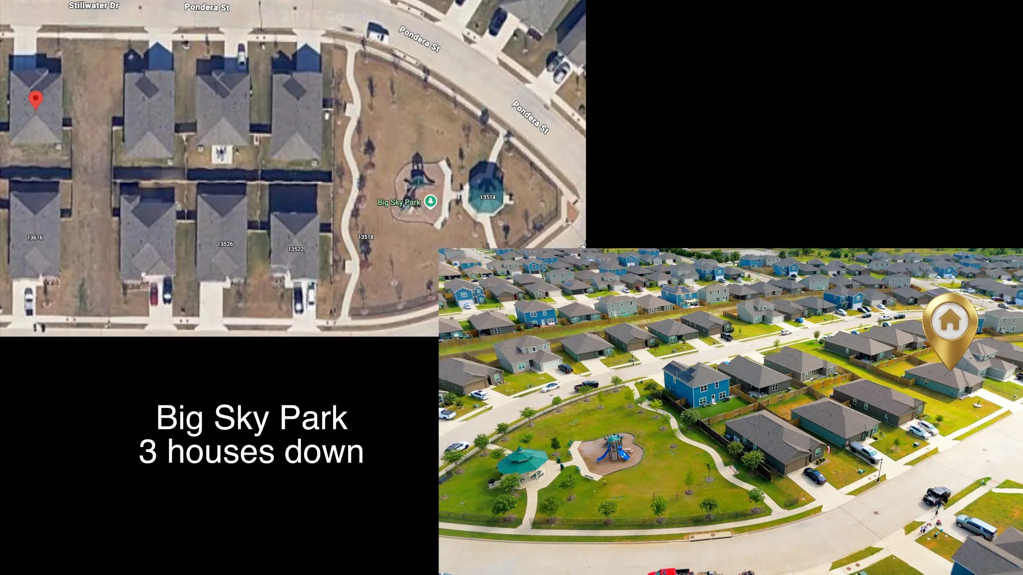 Aerial View showing proximity to Big Sky Park 3 houses down.
