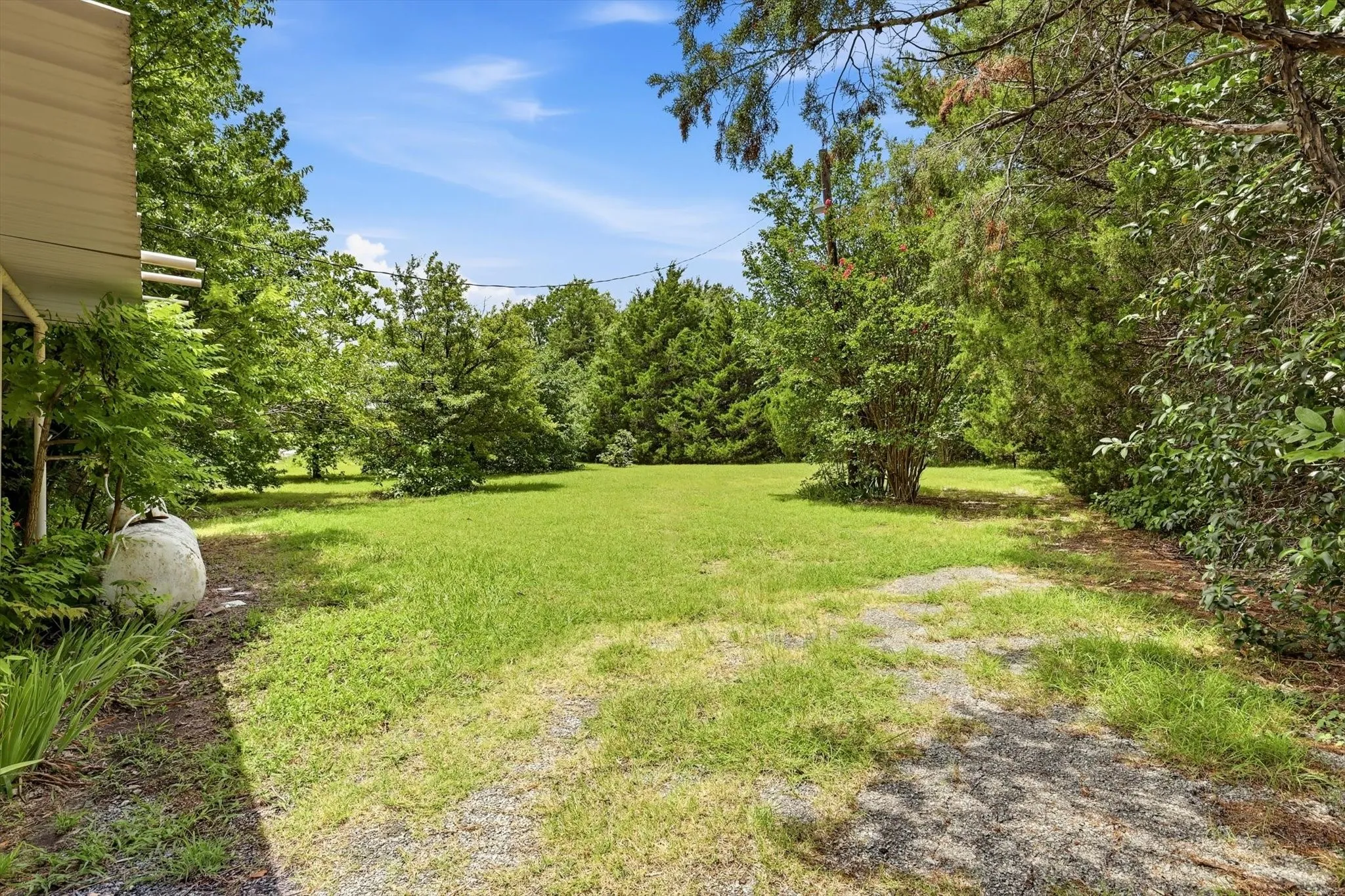 Expansive outdoor space featuring a large grassy area, mature trees, and natural landscaping