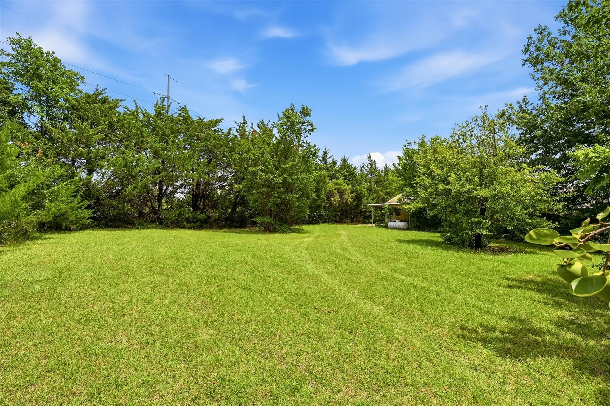 Expansive green lawn surrounded by mature trees, featuring a small structure with a covered porch