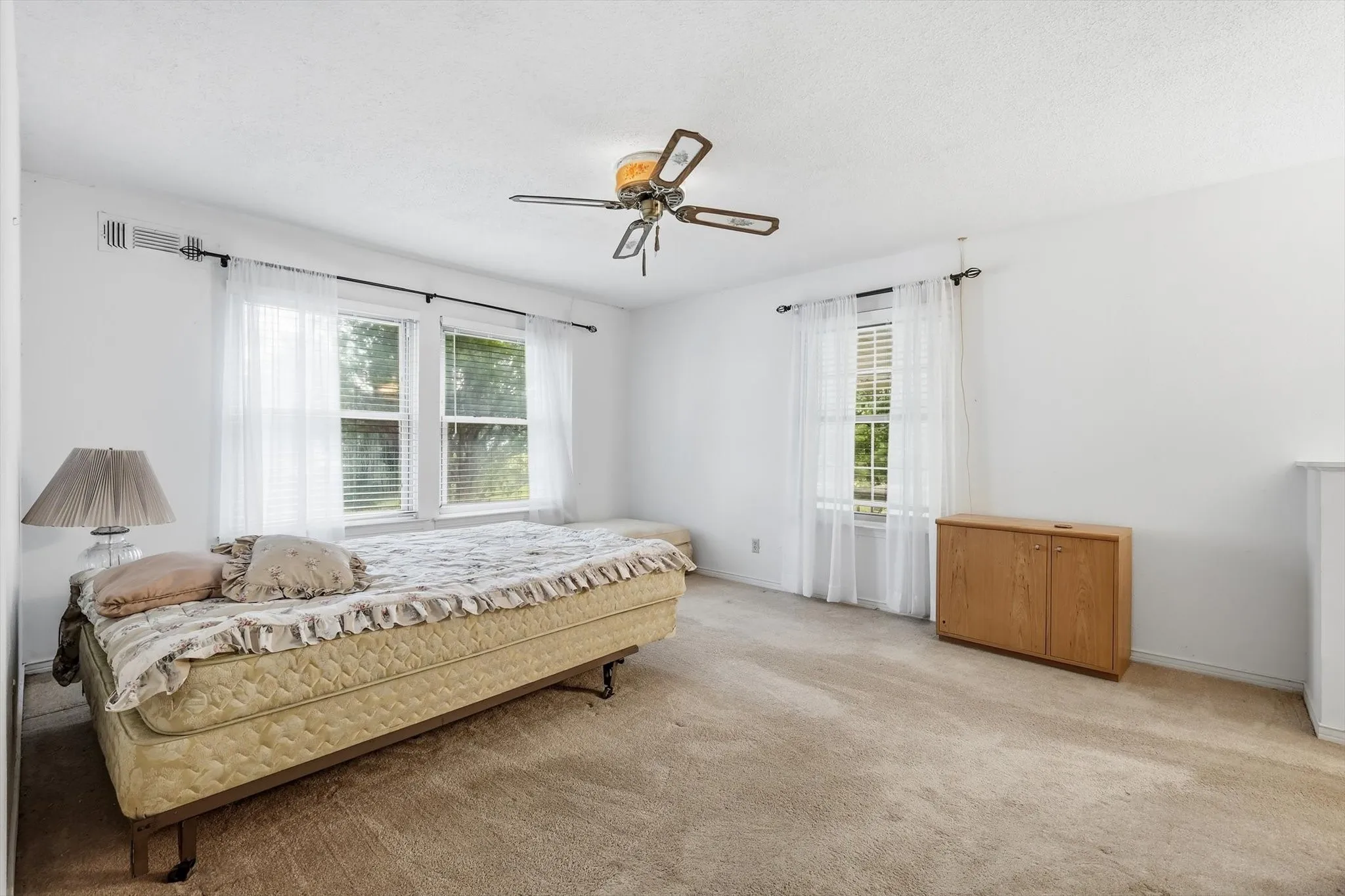 Spacious room featuring carpeting, white walls, and two windows with blinds and sheer curtains
