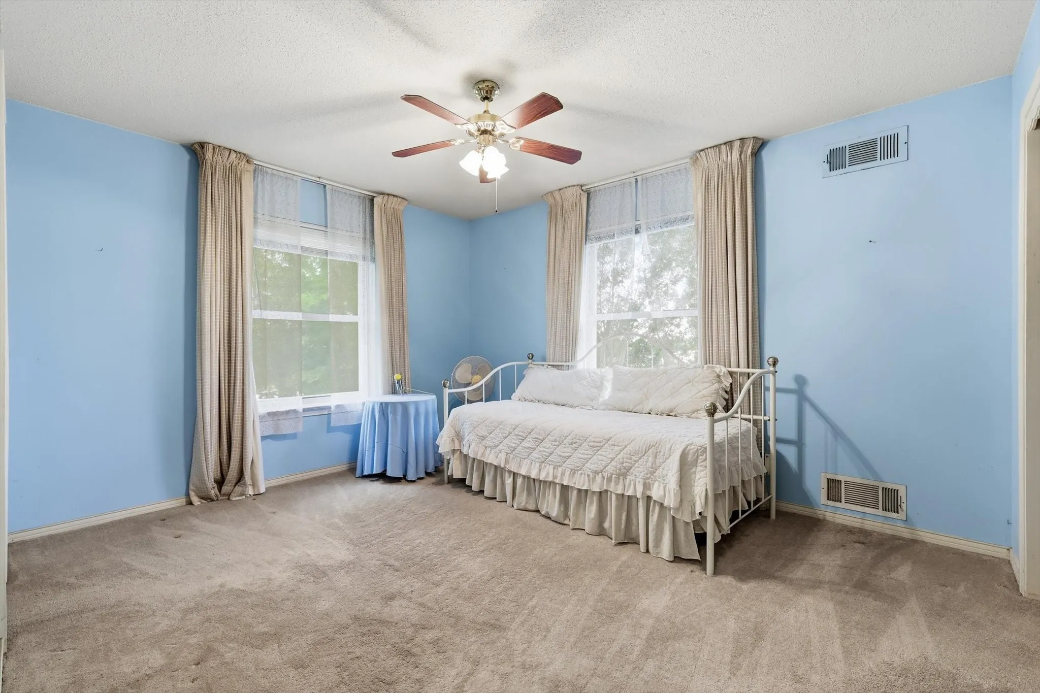 Room featuring two windows with drapery, light blue walls, and textured carpeting