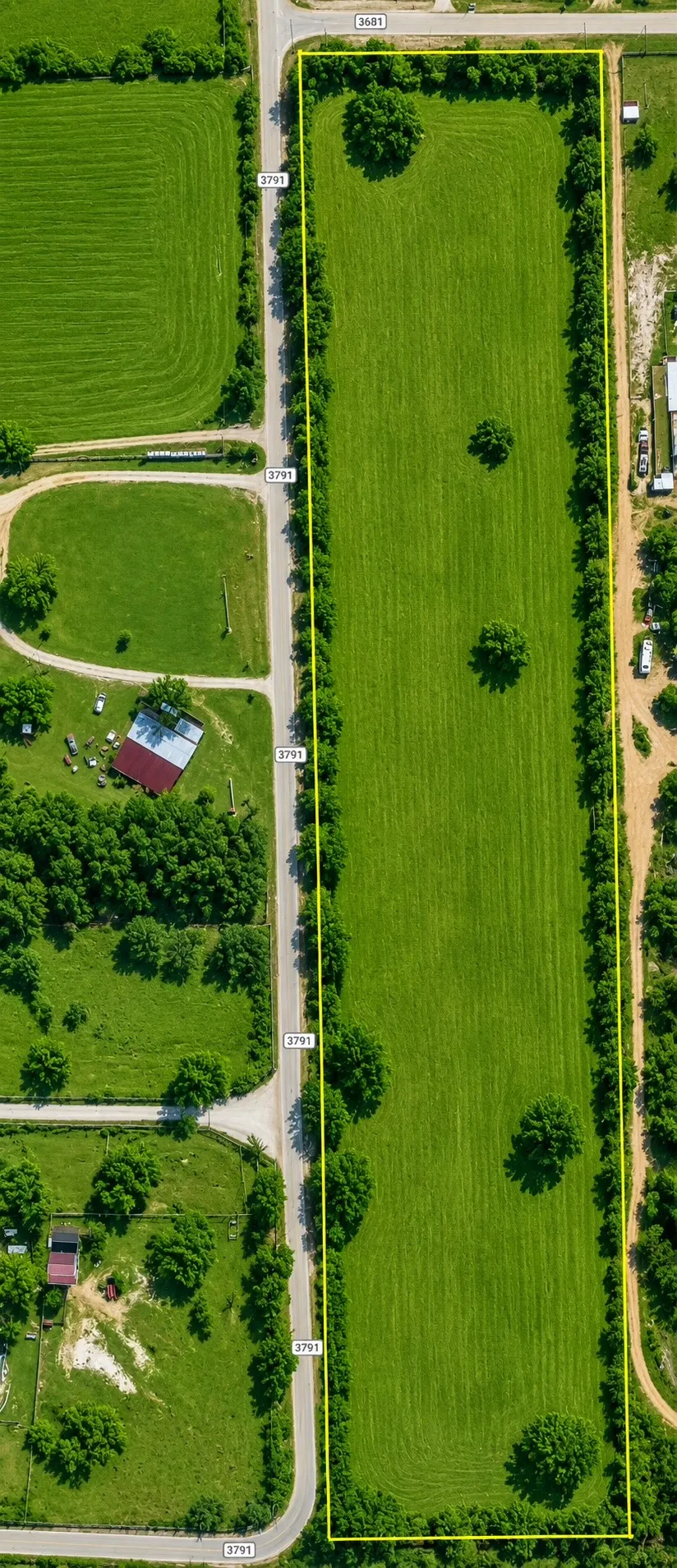 Expansive land parcel featuring a rectangular shape, road frontage, and established tree lines