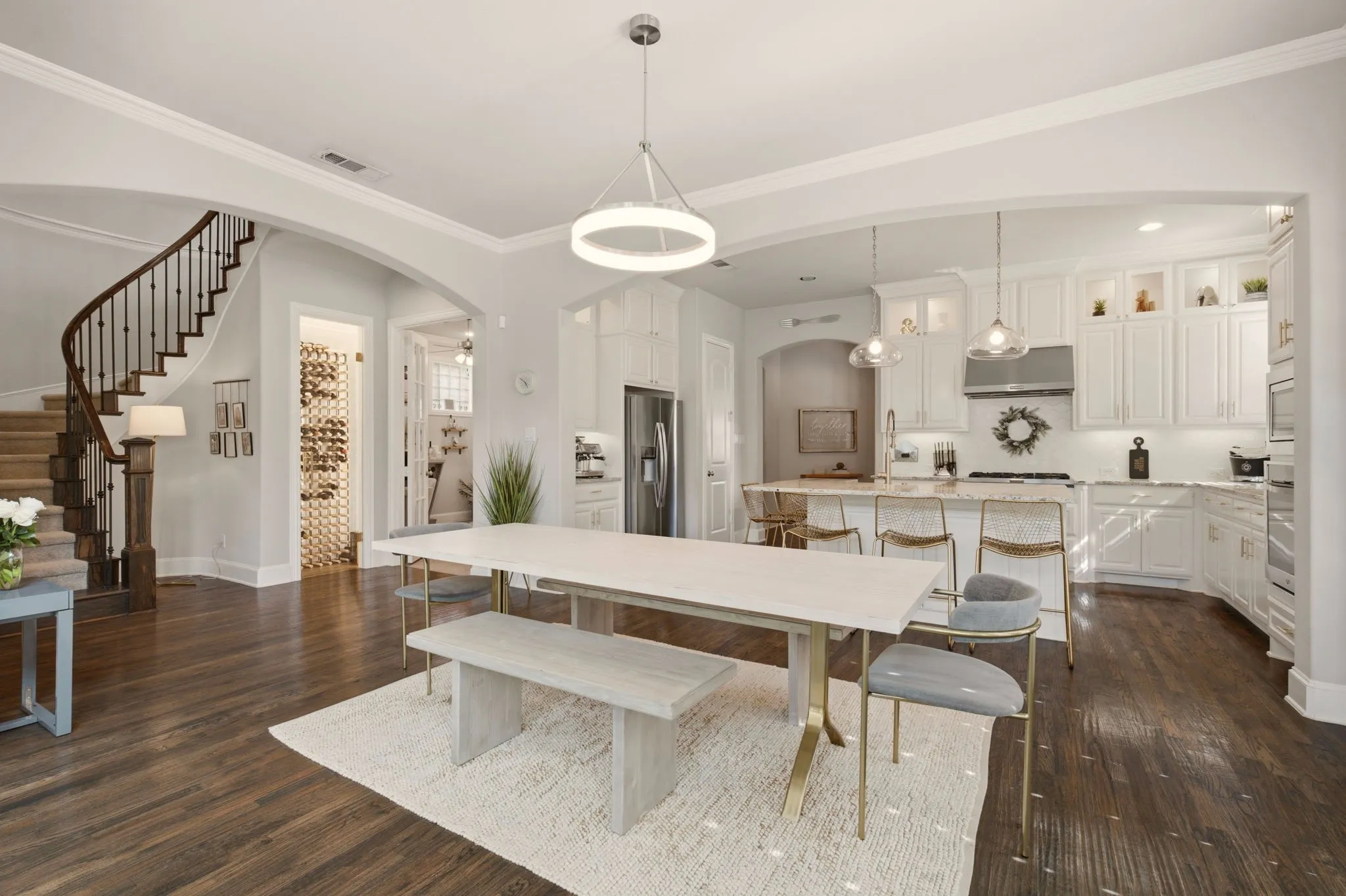 Centered by a modern LED light fixture over your dining table, it adds a fresh, designer-inspired touch.