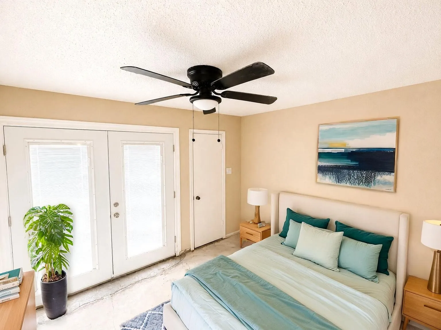 Virtually staged
Room featuring light-colored walls, a ceiling fan with integrated lighting, and a textured ceiling
