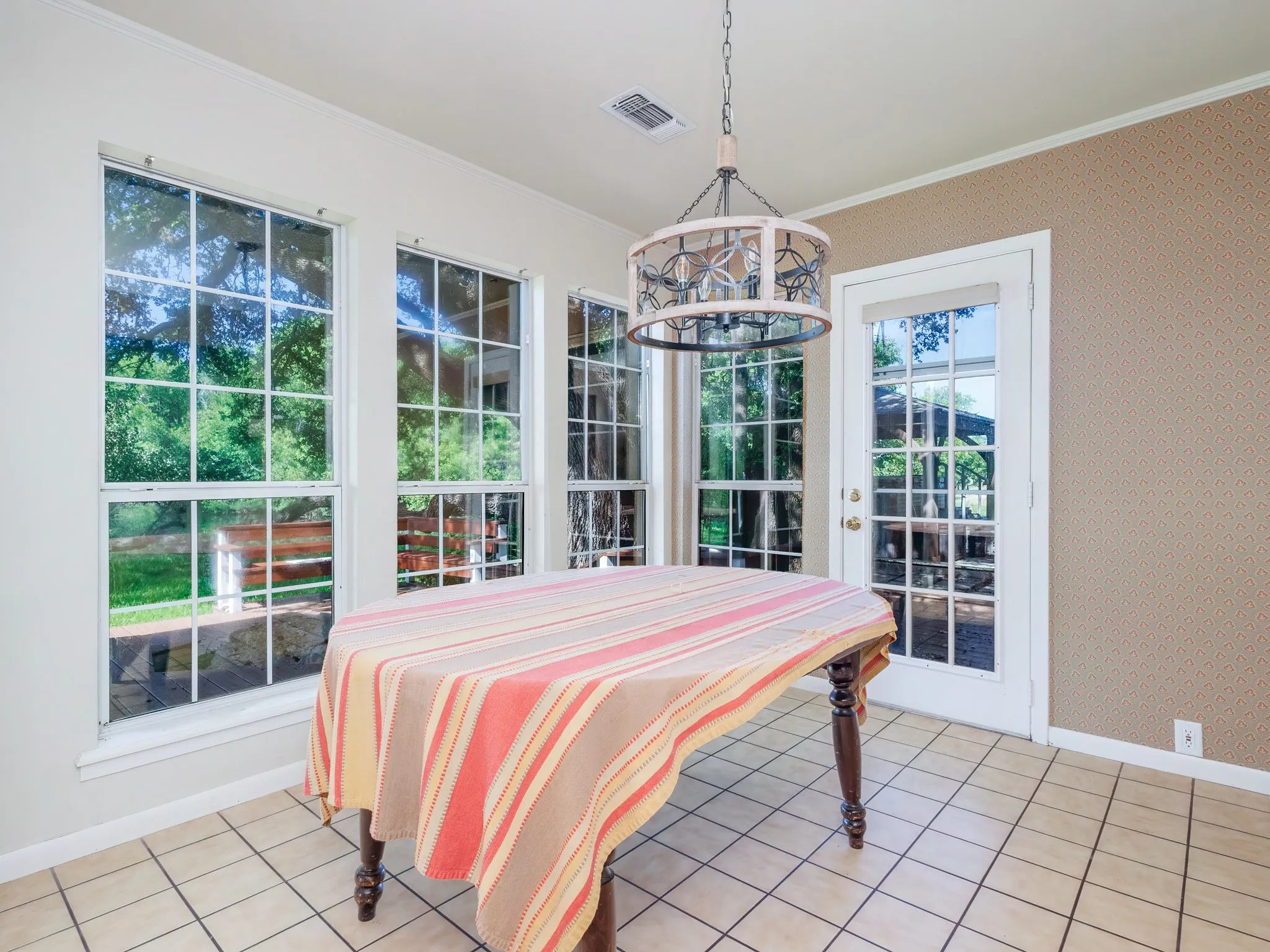 Breakfast area over looks beautiful pond.