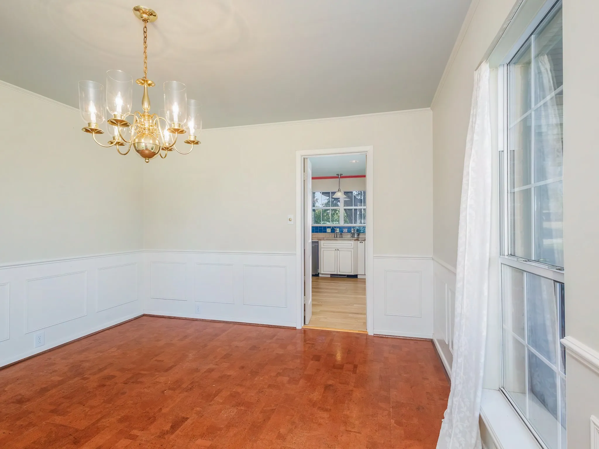 Formal dining with cork wood flooring
