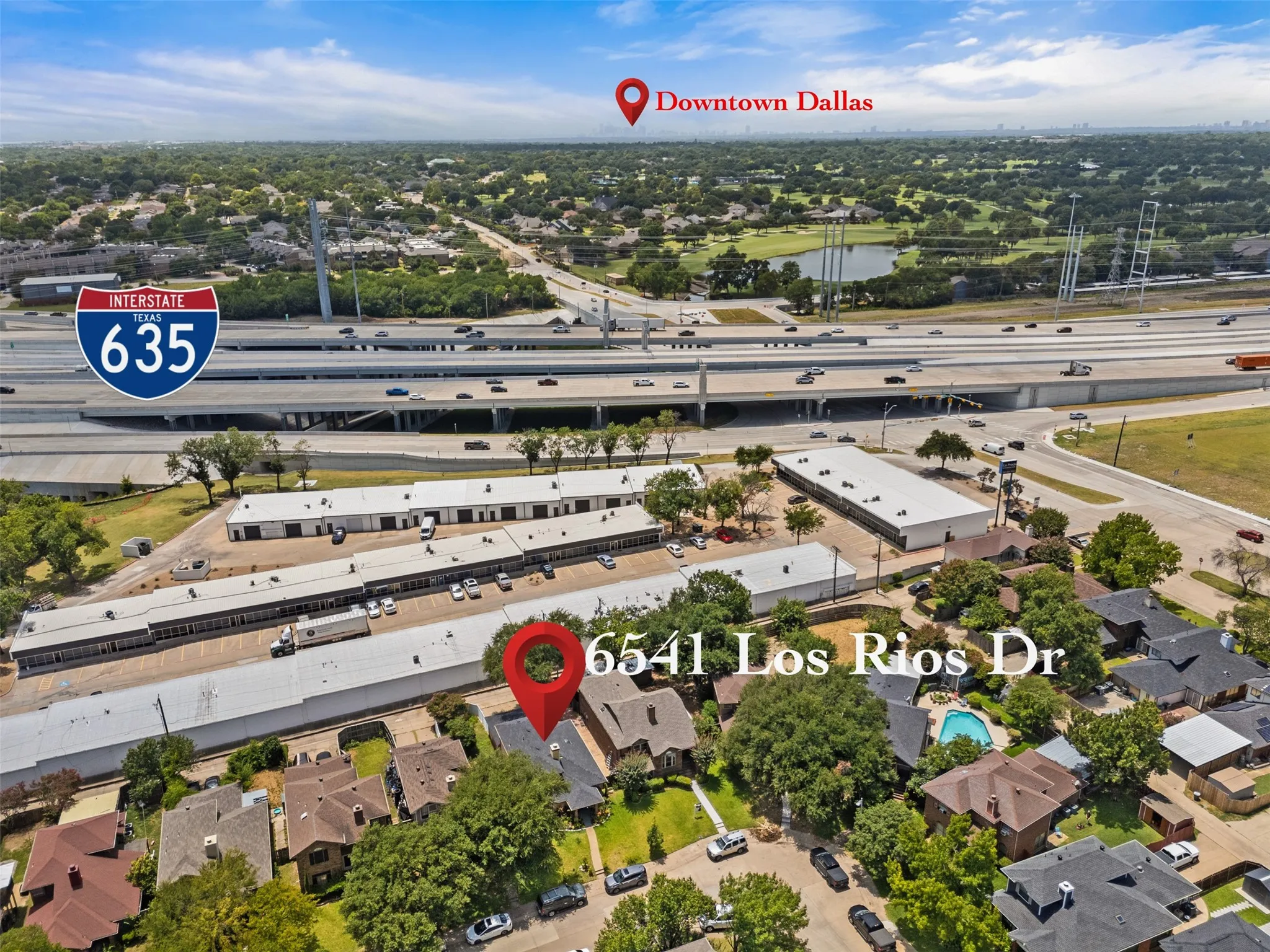 Aerial perspective highlighting the property at 6541 Los Rios Dr