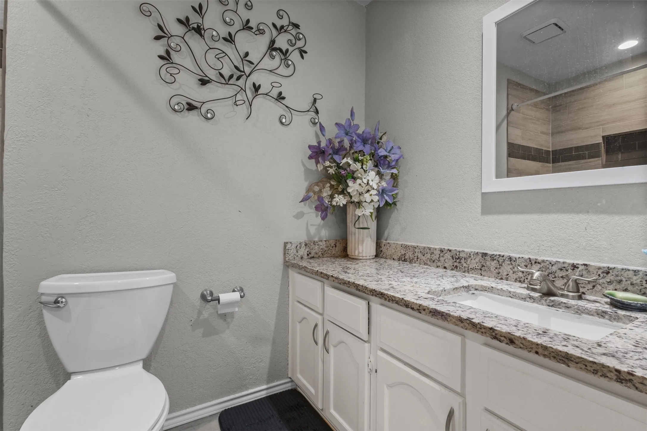 Bathroom featuring a white vanity with panel cabinetry, a speckled countertop, an undermount sink, and a framed mirror