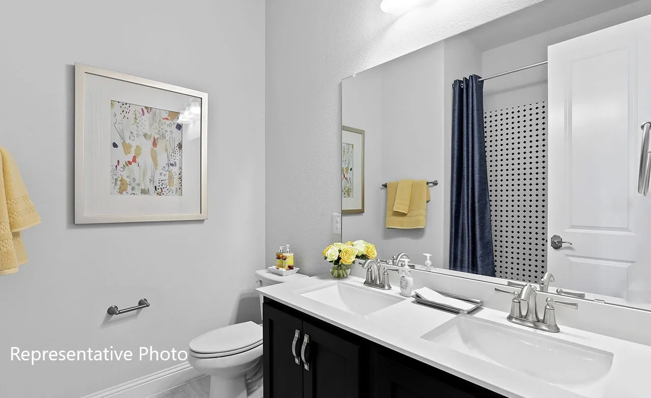Bathroom vanity featuring dual under-mount sinks, a wide mirror, and dark cabinetry with brushed nickel hardware