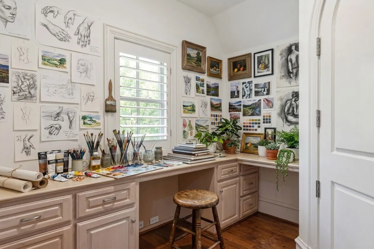 Built-in L-shaped desk with integrated cabinetry, wood-finish flooring, plantation shutters, and an arched doorway