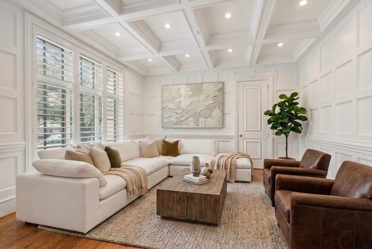 AI PAINTED Coffered ceiling, extensive paneling, wide plank wood-finish flooring, recessed lighting, and large windows with plantation shutters