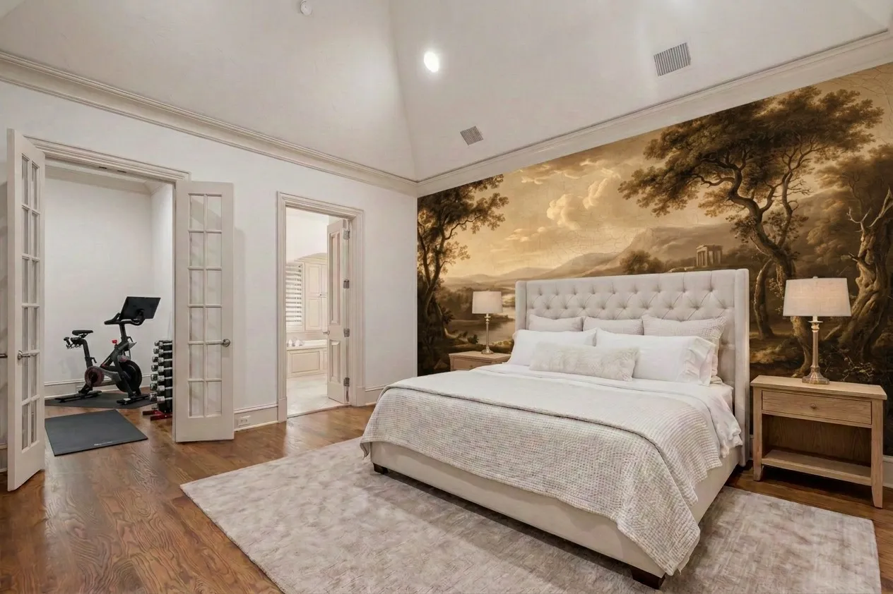 AI decorated. Vaulted ceiling with crown molding and recessed lighting