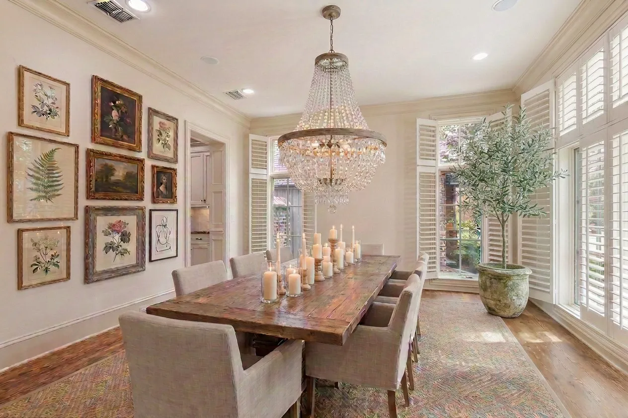 AI Hardwood-finish flooring, recessed lighting, chandelier with crystal and wood-finish accents, plantation shutters, and crown molding