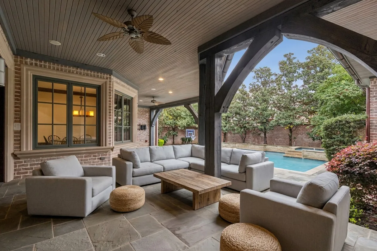 Covered patio with a wood-plank ceiling, exposed wood beams, and a stone-tile floor