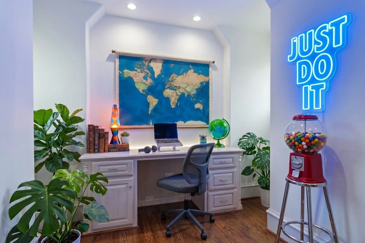 AI Built-in desk with cabinet storage and drawers, recessed lighting, and wood-finish flooring