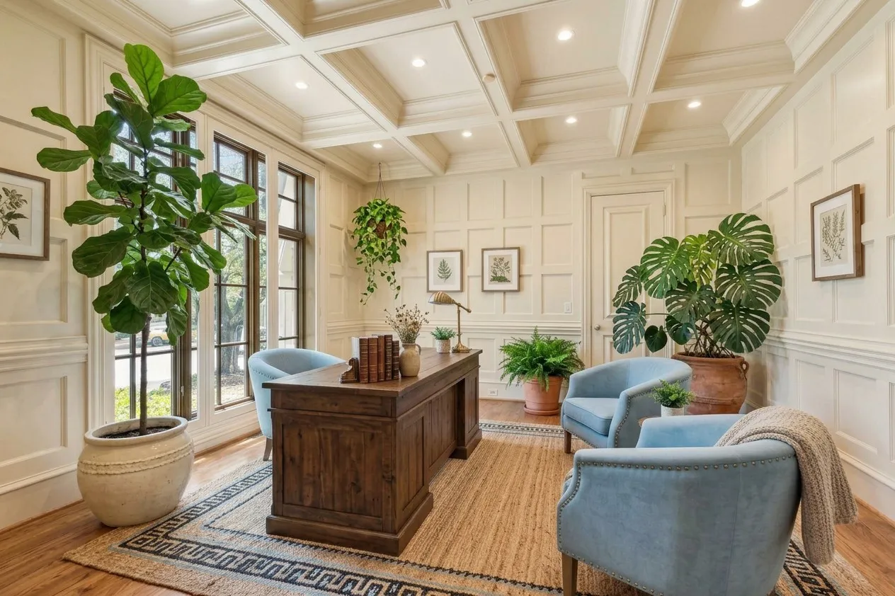 AI painted and decorated. Coffered ceiling with recessed lighting, paneling throughout, and wood-finish flooring