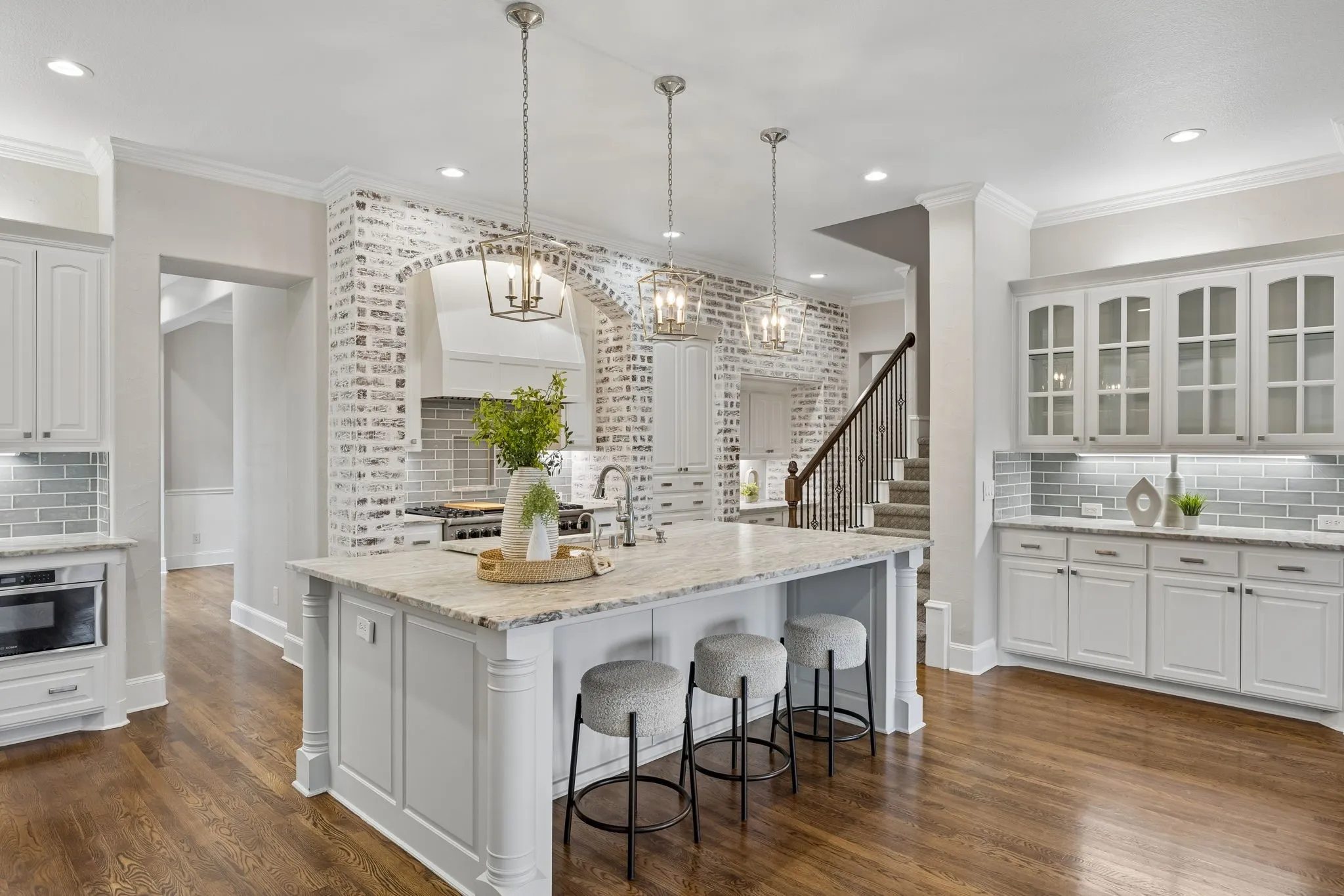 Center island features leathered marble