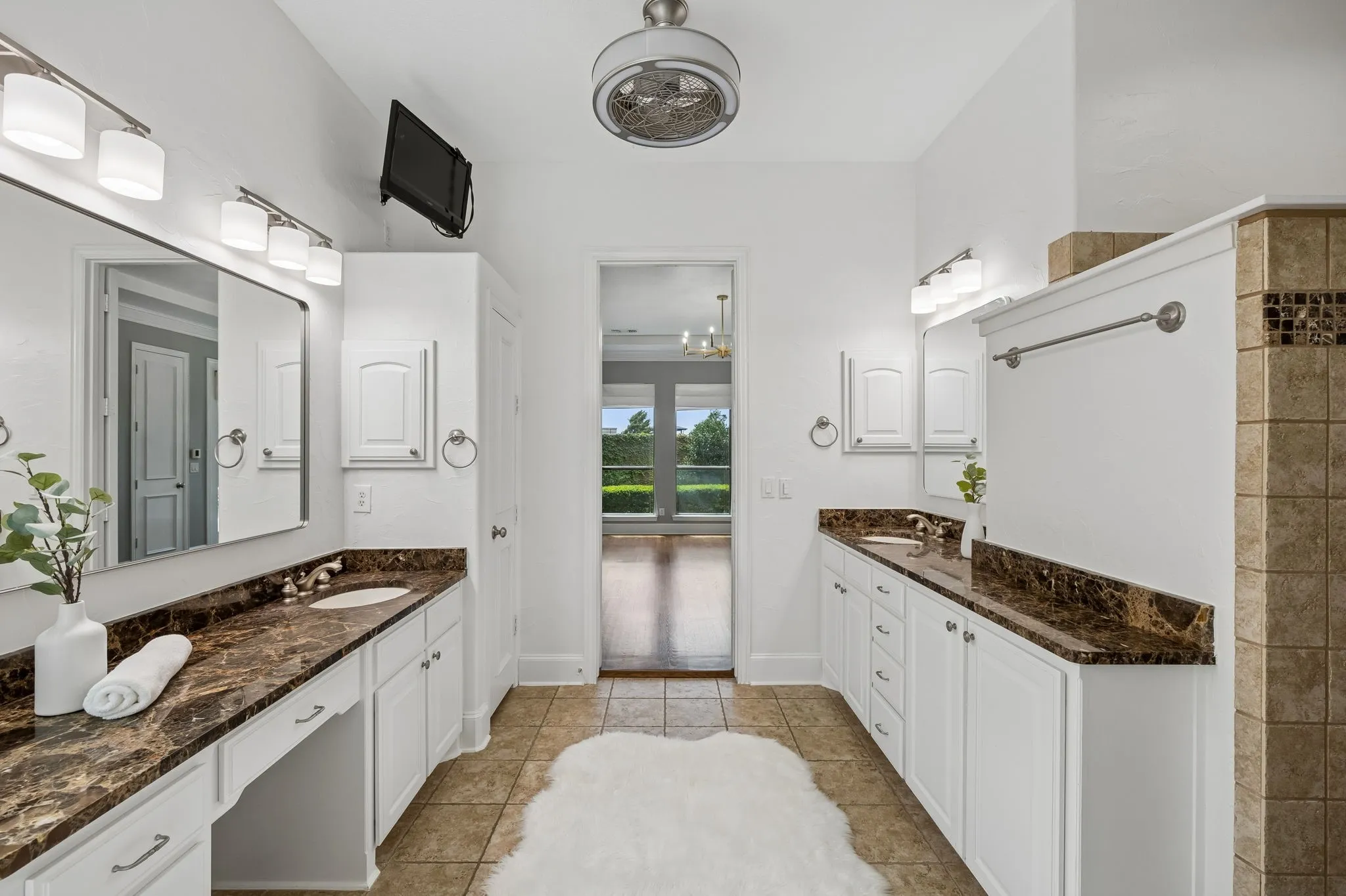 Dual vanities, walk-in shower