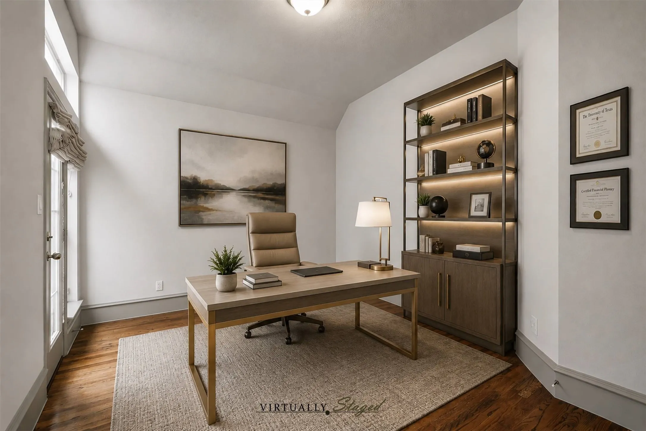 Secondary bedroom staged as an office