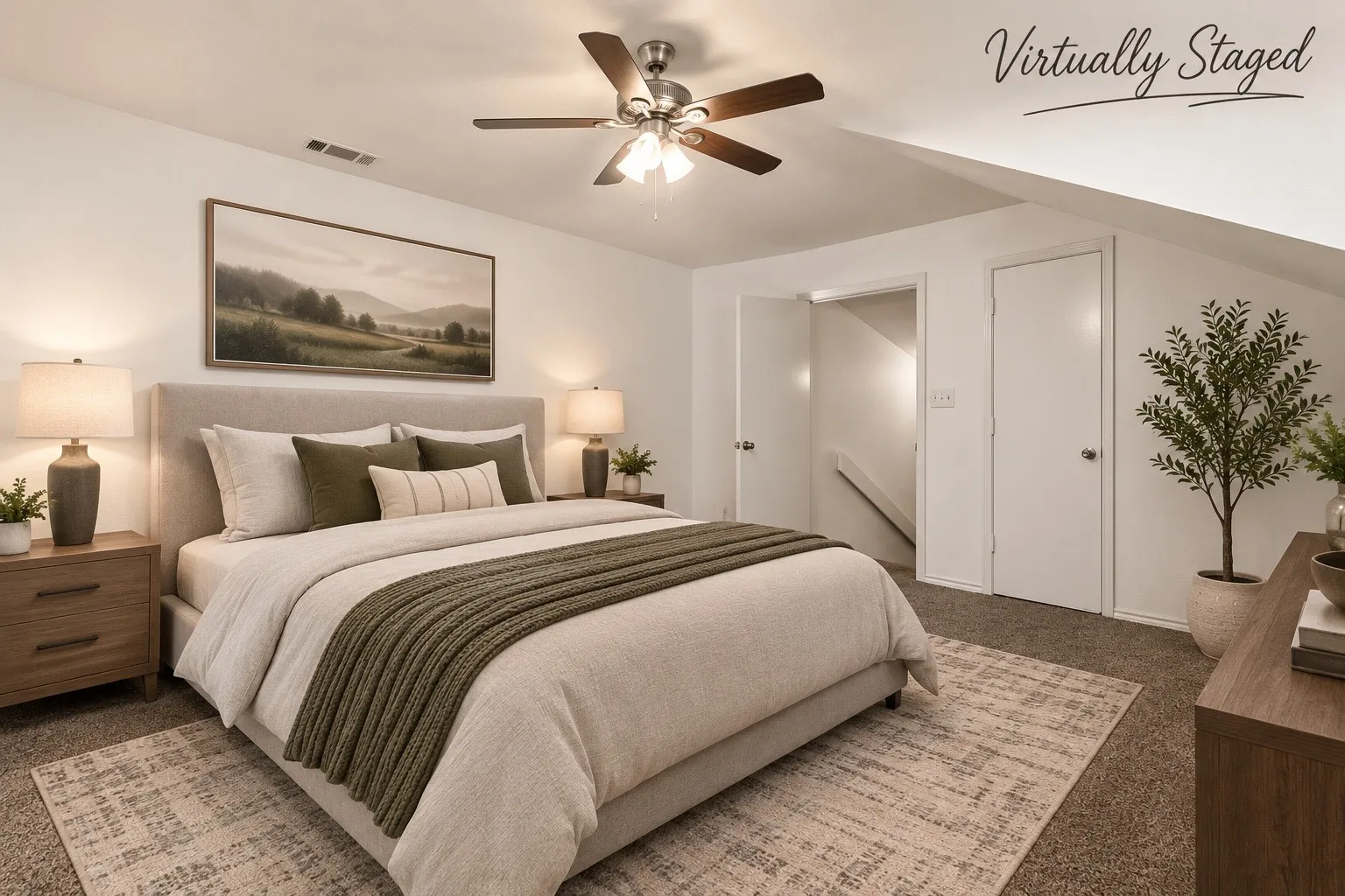 Carpeted room featuring a ceiling fan with integrated lighting, a white painted wall, and two white doors