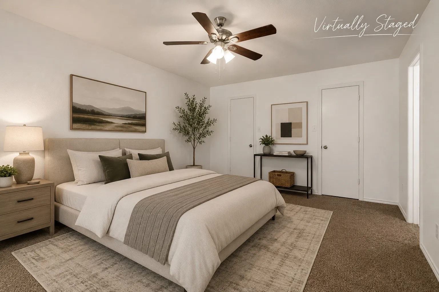 Spacious room featuring neutral paint, soft carpet flooring, and a ceiling fan with integrated lighting