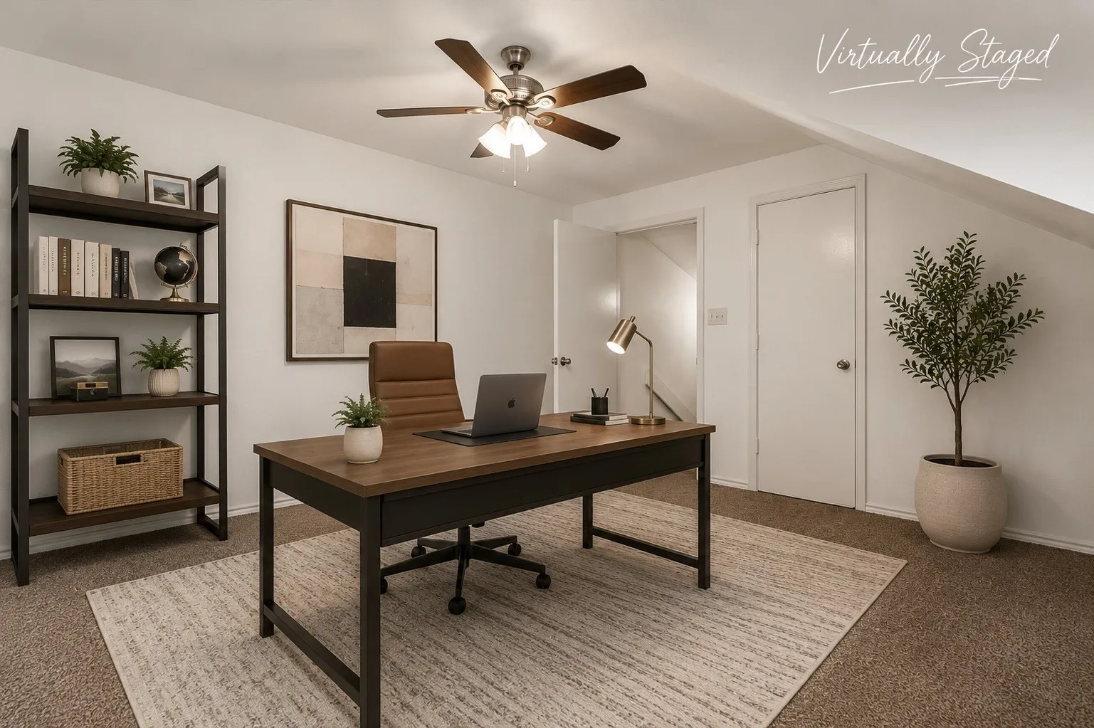 Versatile room featuring an angled ceiling, soft carpeting, and a ceiling fan