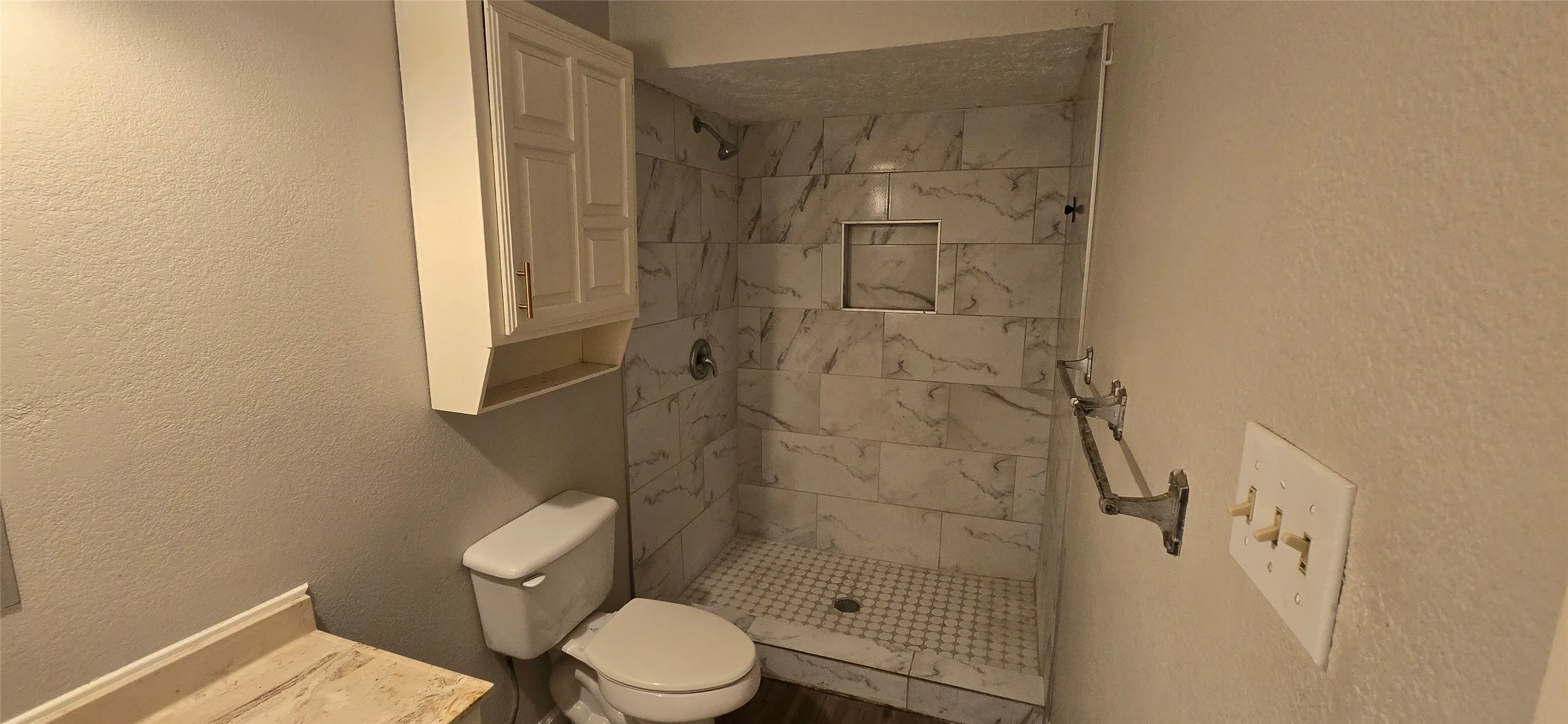 Shower with white-marbled tile surround, mosaic tile flooring, and integrated niche