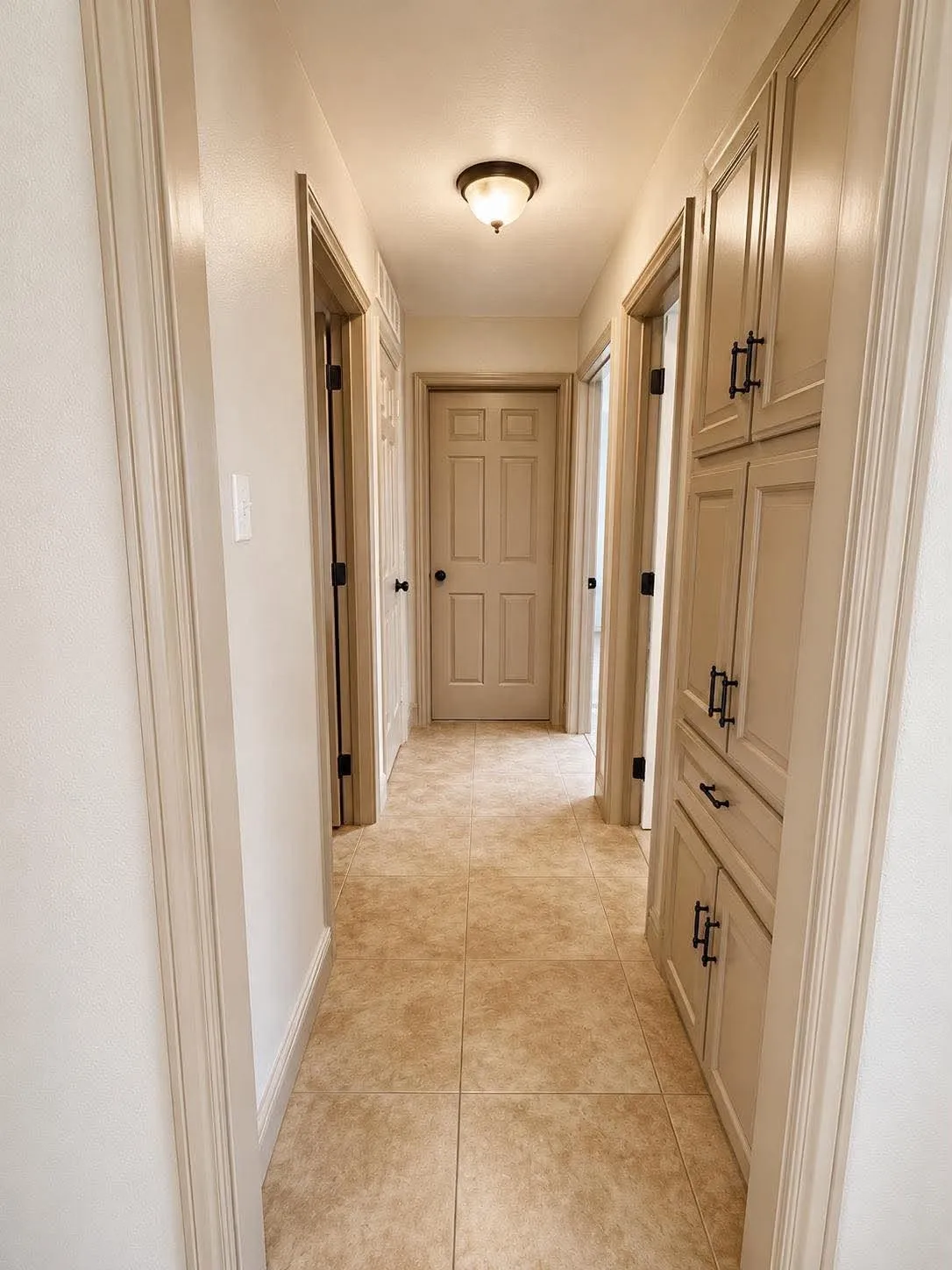 Hallway featuring neutral-toned tile flooring, built-in cabinetry with dark hardware, and a ceiling-mounted light fixture