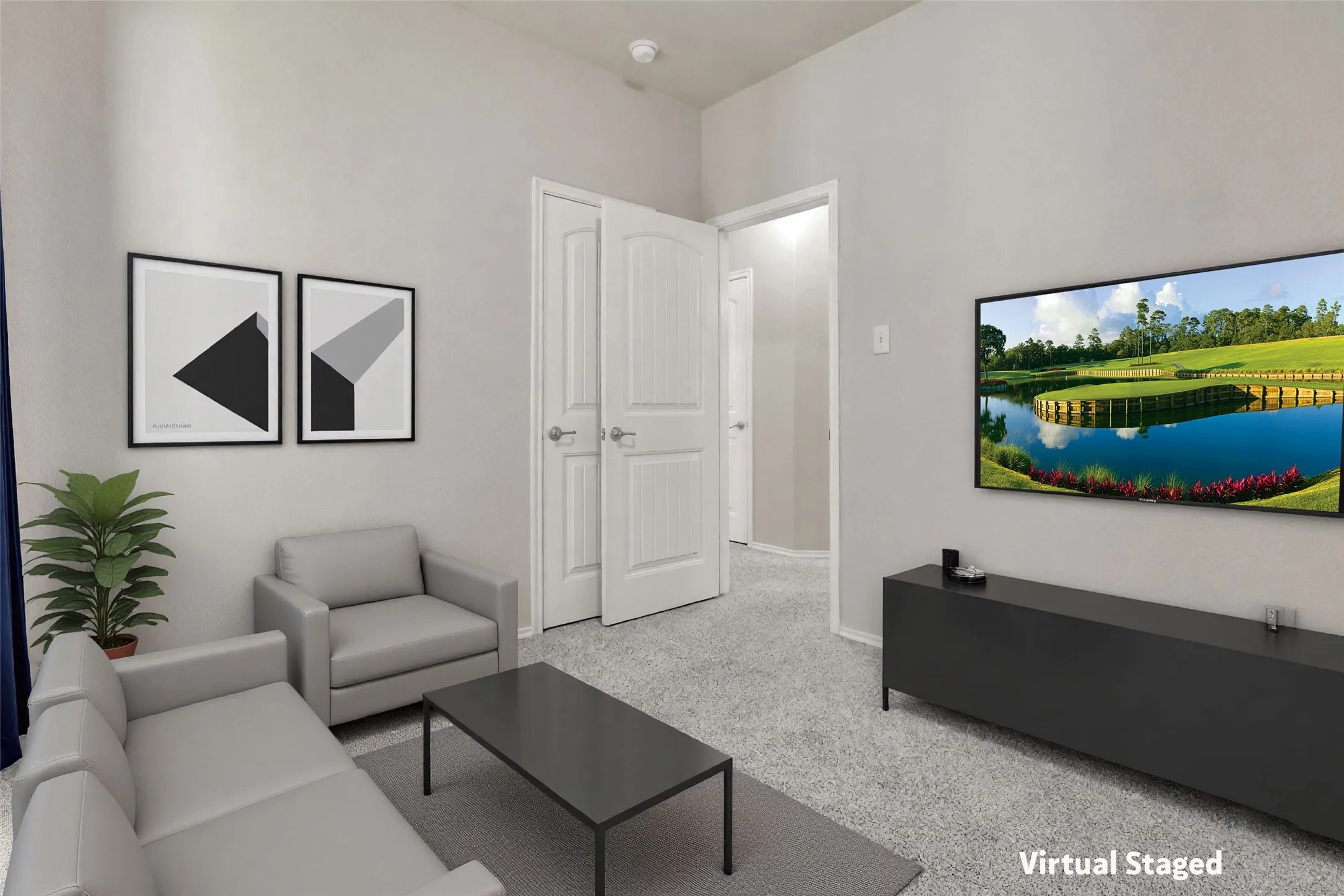 Inviting living area featuring light-toned walls, neutral carpeting, and a wall-mounted flat-screen display