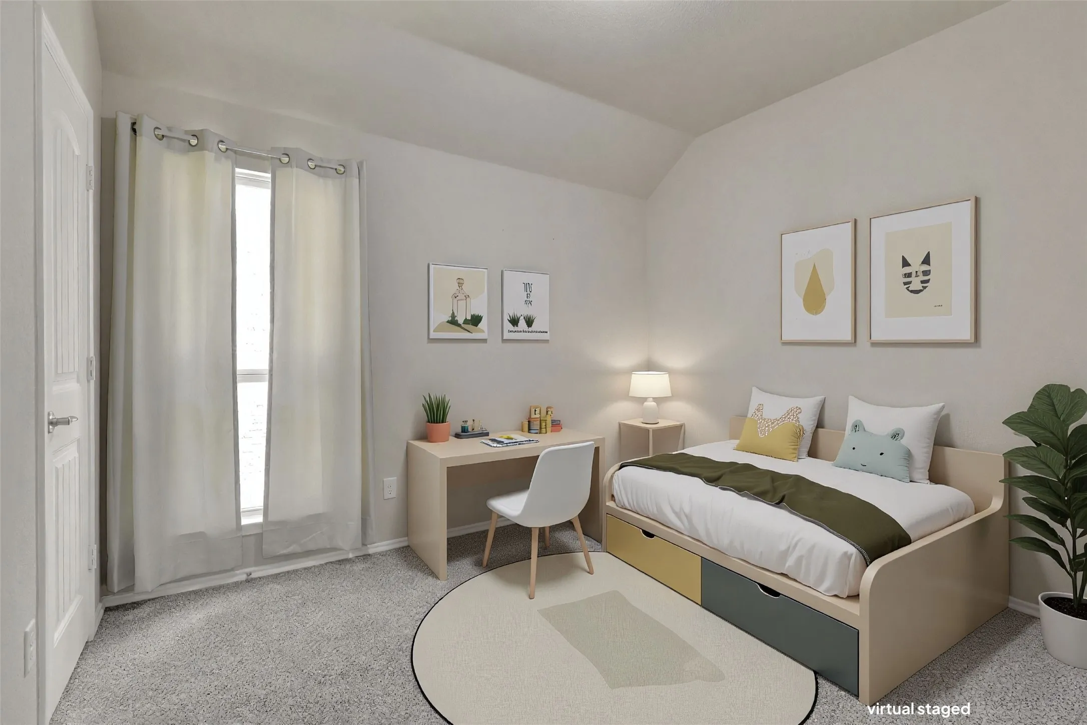 Carpeted room featuring light gray walls, a sloped ceiling, and a single window with white trim
