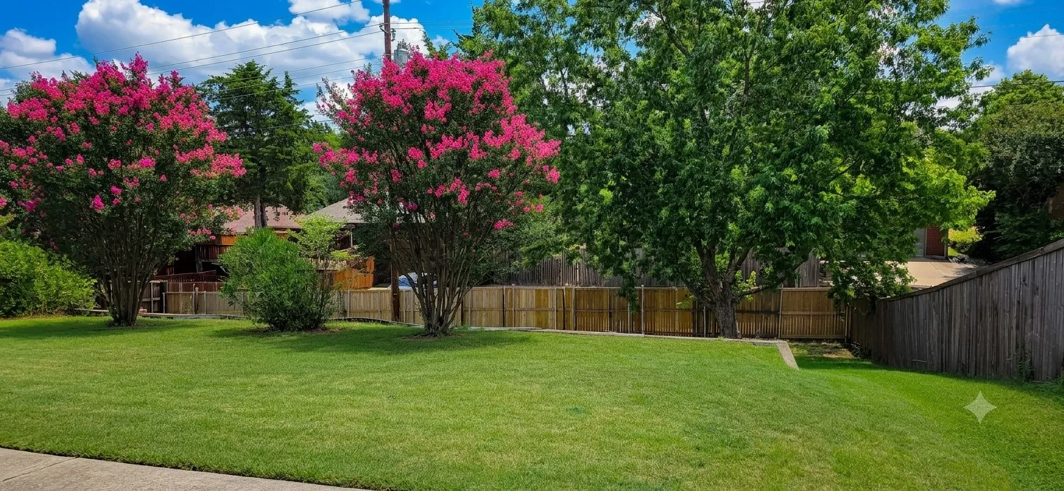 Expansive front lawn with vibrant flowering trees, mature shade trees, and a wood privacy fence