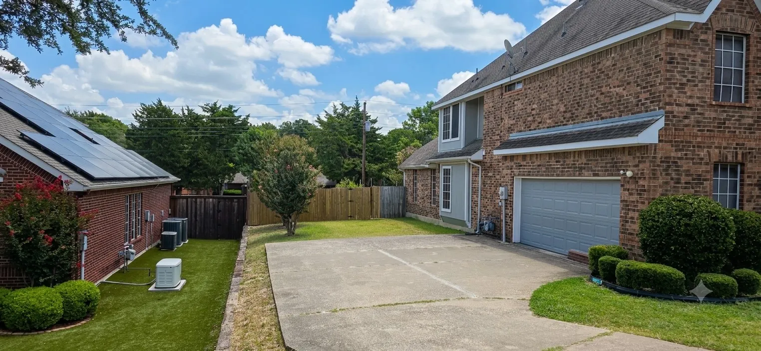 Brick exterior with a two-car garage, concrete driveway, and neatly trimmed shrubs