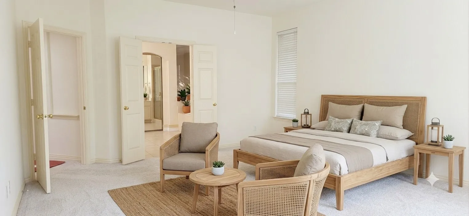 Spacious room with light-toned wall finishes and soft carpeting