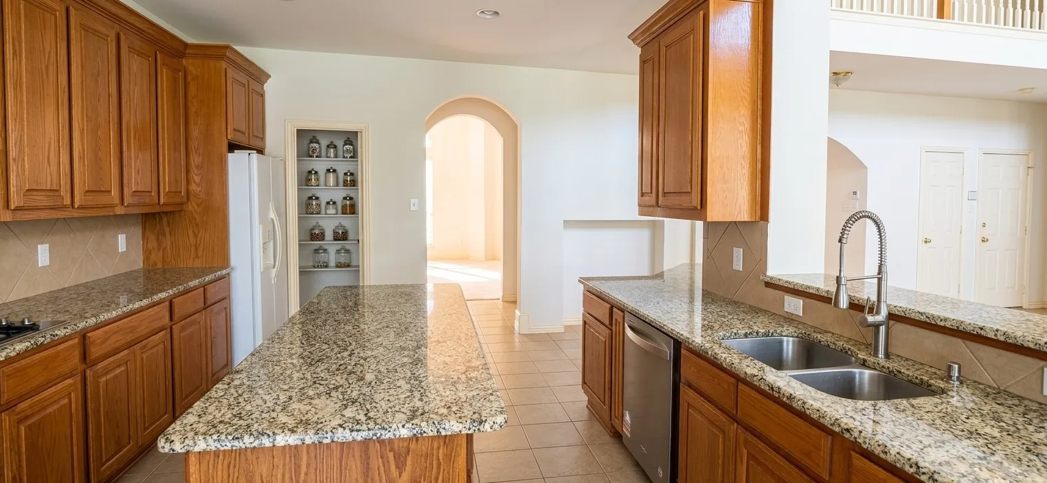 Kitchen featuring wood cabinetry, granite countertops, a double basin sink, stainless steel dishwasher, and a central island