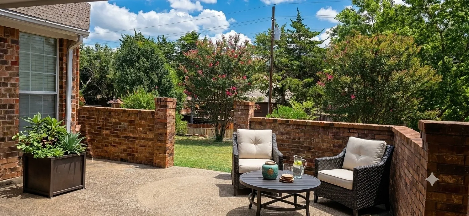 Expansive concrete patio bordered by brick half-walls, featuring ample space for outdoor seating and landscaping